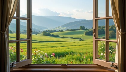 Fototapeta premium a peaceful view from a window overlooking a vast green meadow with blooming wildflowers and rolling