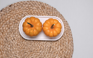 Miniature pumpkins in a plaster tray on a straw mat