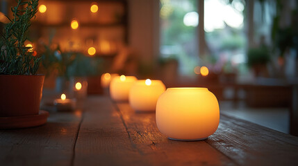 Row of glowing candles creates warm and cozy atmosphere on rustic wooden table, surrounded by soft focus plants and ambient lighting in peaceful room