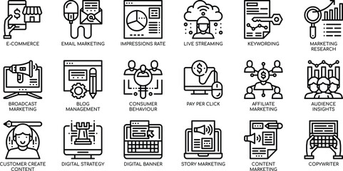 Digital Marketing Strategies E-commerce, Email, SEO, and More - Icon Set