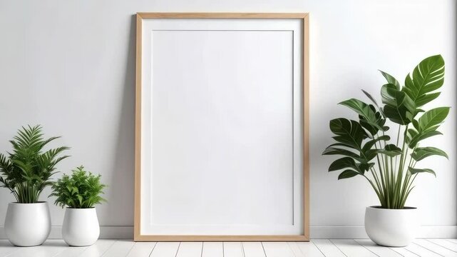 Wooden framed blank canvas on white wood floor with potted plants for mock up poster image