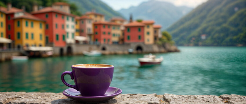 AI Generated Purple Coffee Cup with Lake View and Colorful Italian Town