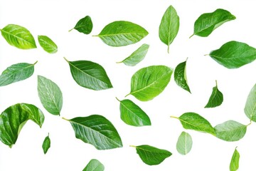 Green leaves falling isolated on white background