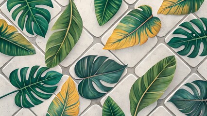 Tropical Leaves' Delight: An exquisite arrangement of lush, tropical leaves in varying shades of green and yellow, artfully arranged on a textured surface, a feast for the eyes.