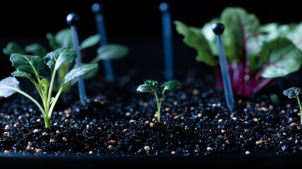 Fertilization and the role of nutrients in plant life with digital mineral nutrients. Seedlings are exuberant from abundant loamy soils. 