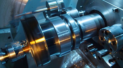 Close-up of precision turning operation on a CNC lathe, showcasing a metal workpiece being meticulously shaped with micron-level accuracy