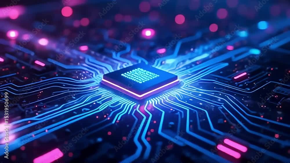 Poster glowing circuit board with central processing unit highlighting advanced technology and digital inno