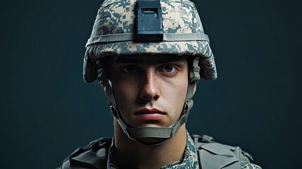 Close-up portrait of a young soldier in camouflage helmet and uniform, intense gaze directly at the viewer against a dark background