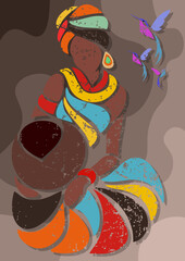 African woman with a jug and birds in an abstract style