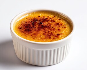 Delicious and creamy creme brulee topped with caramelized sugar in a white dish.
