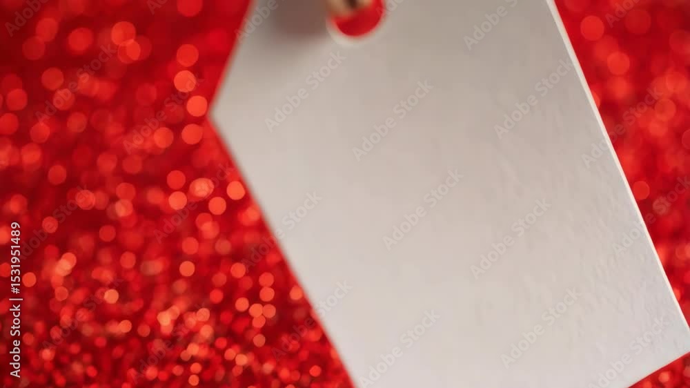 Poster blank rectangular gift tag mockup lying on a red sparkling glitter surface, close up, angled view fo