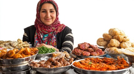 A smiling woman in a headscarf sits behind a counter laden with bowls of various food items, likely selling them at a market stall