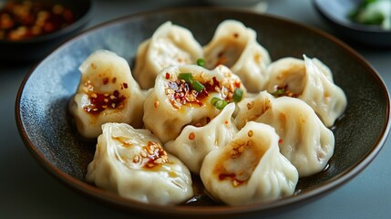 Steamed dumplings in a dark bowl, glistening with a vibrant chili oil topping, garnished with finely chopped scallions.  The dumplings are plump and white, suggesting a delicate filling