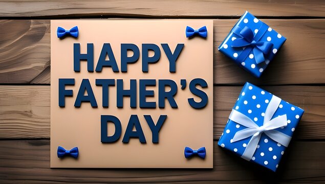 Happy father's day card and gift box on rustic wooden background