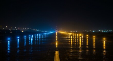 Night Runway Lights Reflecting on Wet Asphalt