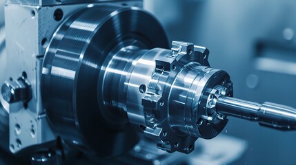 Close-up of precision turning operation on a CNC lathe, showcasing a metal workpiece being meticulously shaped with micron-level accuracy
