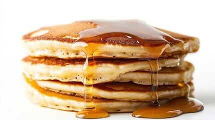 A stack of four golden-brown pancakes, glistening with a generous drizzle of amber syrup, sits on a stark white background; syrup flows down the sides
