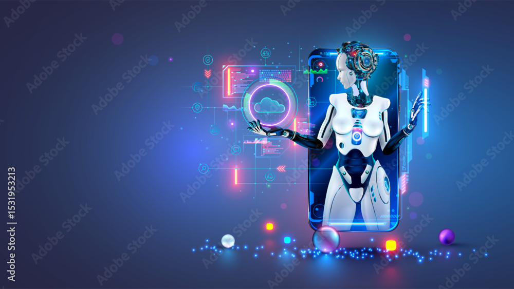 Fototapete a female ai chatbot robot on a phone screen holds icons of internet services in her hand. a chatbot 