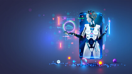 A female AI chatbot robot on a phone screen holds icons of Internet services in her hand. A chatbot in the image of a beautiful cyborg girl processes user data and answers questions. AI assistant.