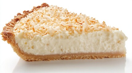 A creamy, dreamy slice of coconut cream pie, featuring a flaky, golden-brown crust generously topped with toasted coconut flakes, is showcased against a stark white backdrop