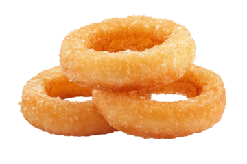 Golden crispy onion rings isolated on transparent background — ultra-high-resolution PNG cutout perfect for burger toppings, bar snack menus, fast-food packaging mock-ups, and culinary branding visual