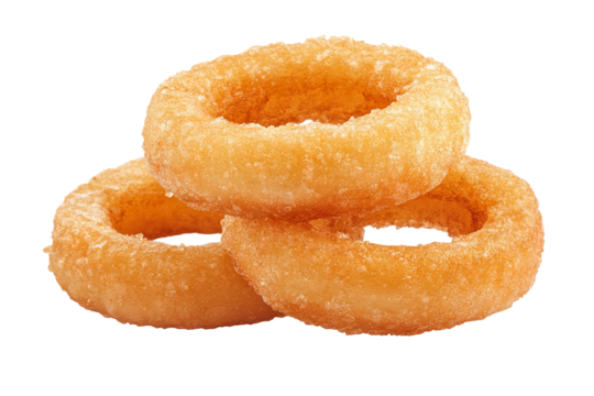 Golden crispy onion rings isolated on transparent background — ultra-high-resolution PNG cutout perfect for burger toppings, bar snack menus, fast-food packaging mock-ups, and culinary branding visual