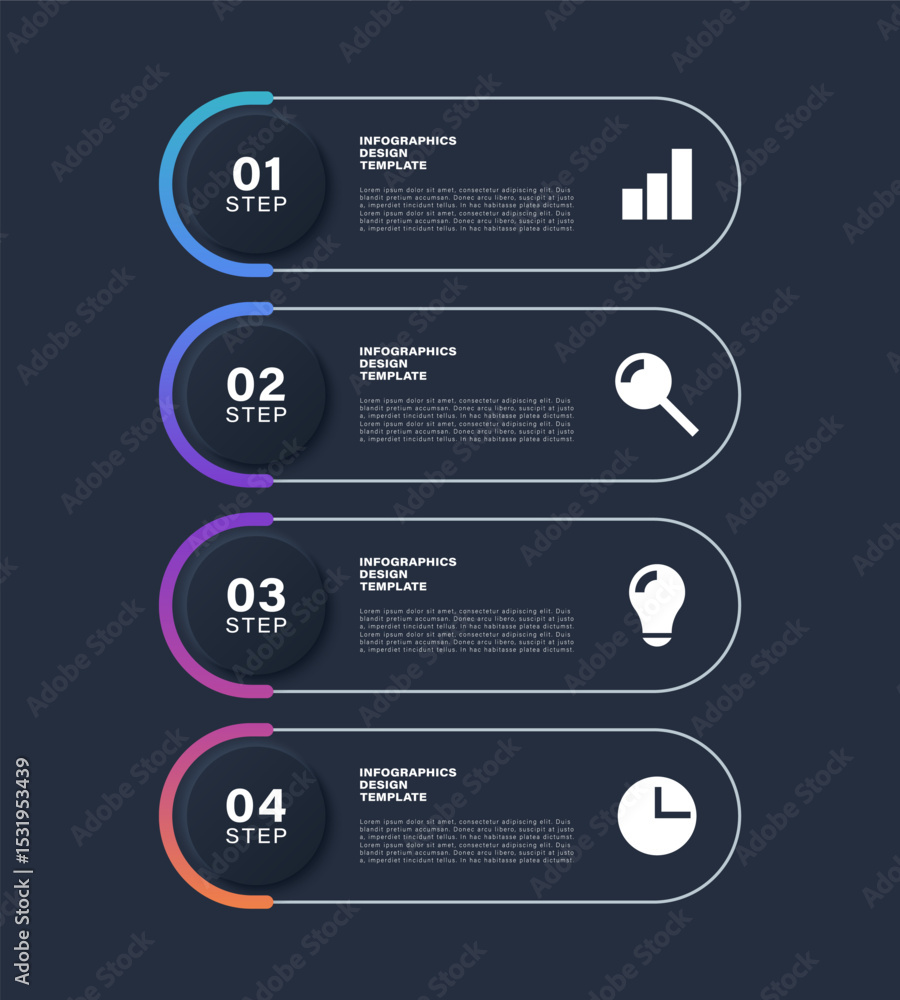 Poster dark neumorphism vertical infographic template. four steps or processes vector infographic layout wi