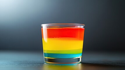 A clear shot glass filled with four vibrant layers of multicolored gelatin dessert, red, orange, yellow, and blue, sits on a dark surface against a moody backdrop