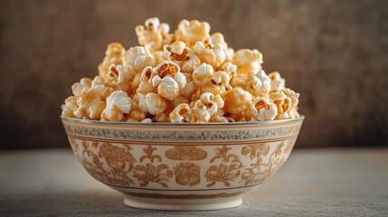 A generously-filled ornate bowl overflows with glistening caramel popcorn, its amber hue reflecting light against a muted background.  The bowl?s decorative pattern adds a touch of elegance