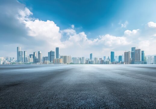 Empty asphalt road stretching towards a modern city skyline, showcasing the vibrant architecture of Shenzhen, China under a clear blue sky