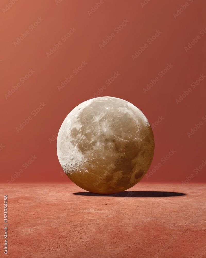 Poster detailed full moon lunar eclipse sphere on textured red surface with shadow, celestial cosmic phenom
