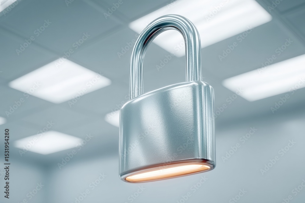 Poster Digital Data Breach Warning with Glowing Padlock and Matrix Network Elements Highlighting Cybersecurity Risks in Modern IT Infrastructure