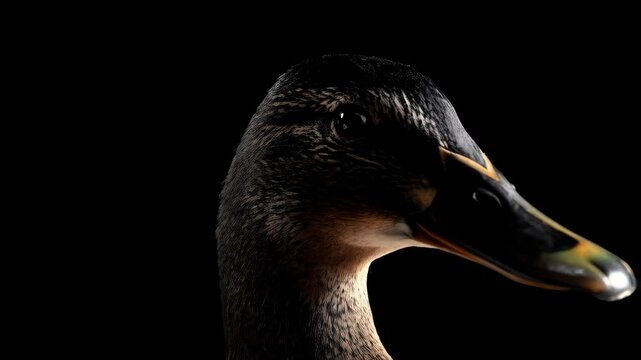Portrait close-up of a brown duck with a black beak in a studio setting, details of plumage and dark background