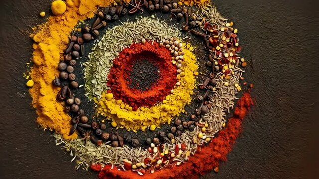 A vibrant circular arrangement of various spices and herbs.
