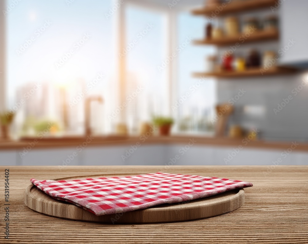 Poster empty round wooden pizza board with red checkered tablecloth on blurred bright kitchen background re