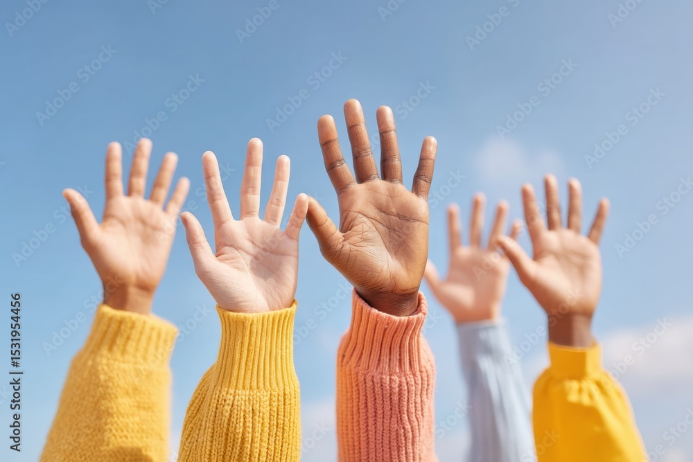 Aufkleber diverse group raising hands in urban setting with city skyline, symbolizing unity, teamwork, and com