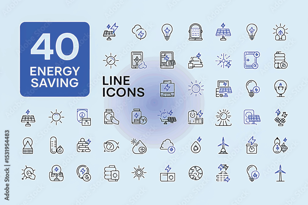 Poster energy saving line icons: set of forty minimal line icons representing various energy saving concept