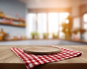 Empty round wooden cutting board on red checkered tablecloth in blurred sunny kitchen background ready for product montage