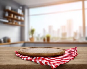 Empty round wooden pizza board on red and white checkered tablecloth with blurred kitchen background, ideal for product placement