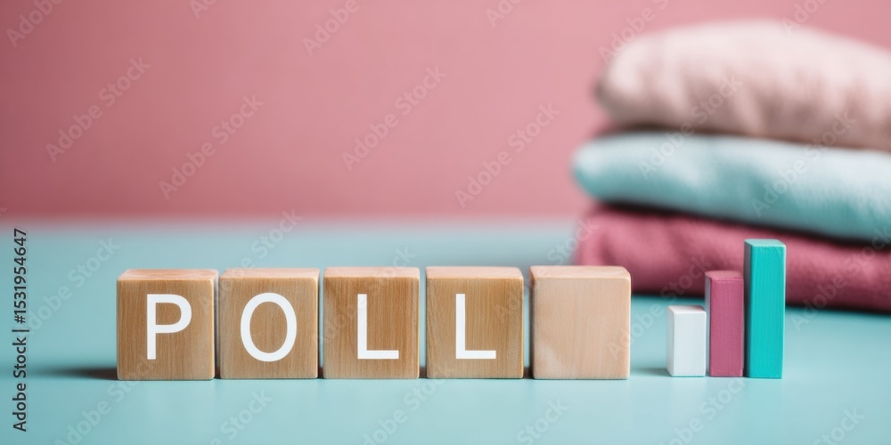 Aufkleber modern wooden letter blocks spelling poll with colorful bar graph on desk - data analysis and public