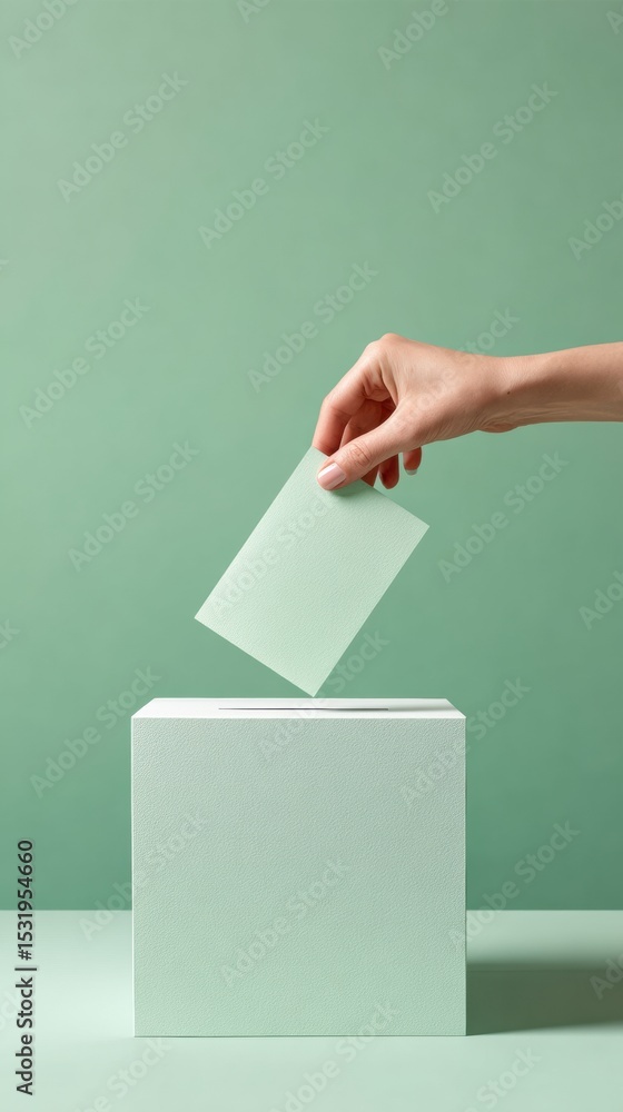 Poster modern voting concept with hand casting ballot into minimalist ballot box on green background for de