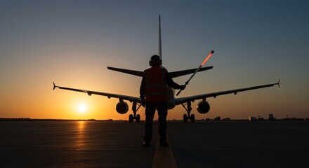 Silhouette of Ground Crew Guiding Airplane at Sunset