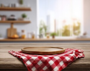 Empty round wooden plate on red and white checkered tablecloth on wooden table with blurred kitchen background, ready for product display montage