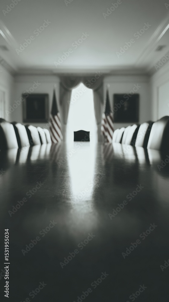 Poster modern trade policy debate scene with empty polished boardroom table and executive chairs reflecting