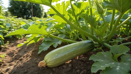 Fresh zucchini growing on plant in organic vegetable garden field