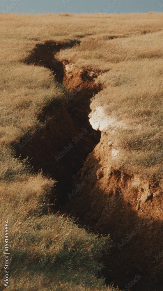 Poster seismic hazard deep ground fissures in dry grass terrain showing layered soil composition for geolog