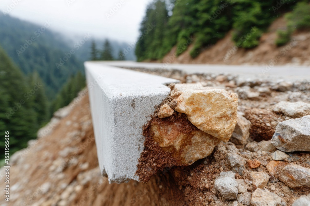 Aufkleber seismic damage on mountain roadway showing fractured concrete and exposed soil, symbolizing infrastr