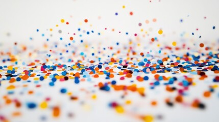 Multicolored dots of varying sizes scattered on a white background.