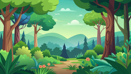 Serene Forest Landscape. Picturesque Pathway Through Lush Greenery and Rolling Hills
