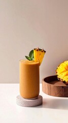 Thick mango-pineapple smoothie served in a tall glass with fresh garnish